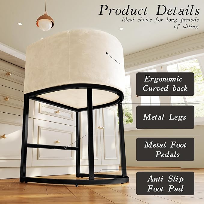 Modern Counter Height Bar Stools,Bar Stools Set of 3,Velvet Fabric Upholstered Barrel Barstools with Backs,26'' Kitchen Island Chairs,Metal Black Frames,Beige White Velvet