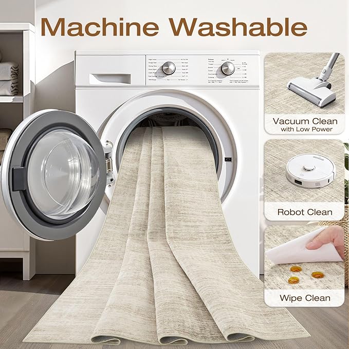 4x6 Rug Washable Area Rugs: Neutral Abstract Soft Modern Stain Resistant Small Indoor Floor Non-Slip Low Pile Throw Carpet for Entryway Kitchen Bedroom Nursery Kids Office Playroom Home House- Beige