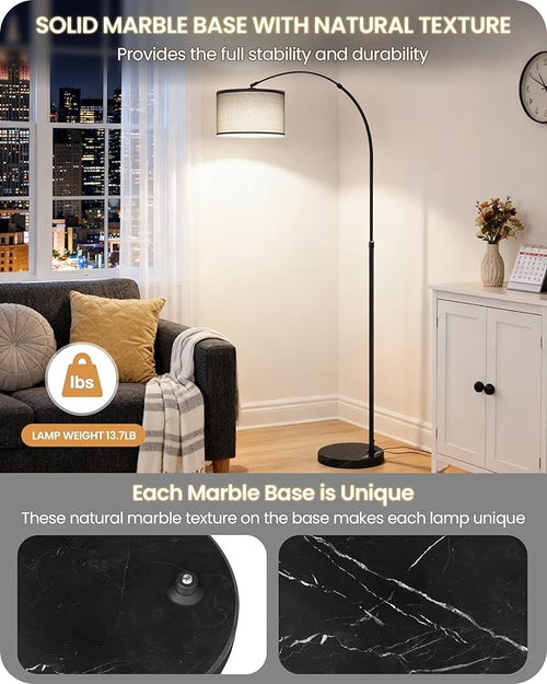 75" Arc Floor Lamp with Marble Base and Adjustable Height, Rotating Hanging Shade, Dimmable Floor Lamp for Living Room with Remote and Foot Switch, 3 Color Temperature, Gray Line Shade H15LD05N1