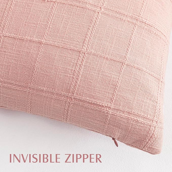 Foindtower Set of 2 Decorative Linen Check Throw Pillow Covers Neutral Farmhouse Vintage Cushion Covers Modern Boho Accent Home Decor for Sofa Chair Couch Bedroom Living Room,20×20 Inch,Light Pink