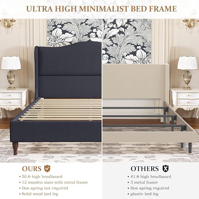 koorlian Queen Size Bed Frame Upholstered Platform Bed with 51'' Tall Fabric Headboard and Wooden Slats Support, Retro Minimalist Style/Fully Upholstered/Easy Assembly, Dark Navy