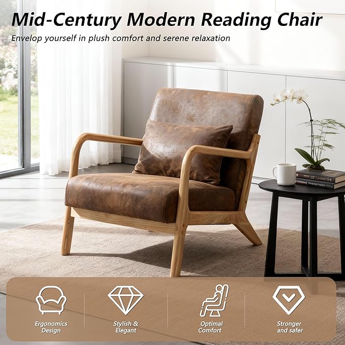 Mid Century Modern Lounge Chair with Wooden Frame & Gold-Embossed Upholstery, Vintage-Inspired Accent Chair with Pillow, Modern Living Room Chair for Stylish Home Interiors