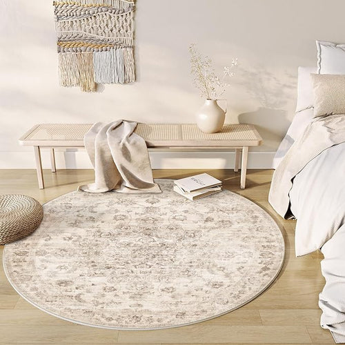 8x8 Washable Neutral Round Rug Beige Vintage Living Room Bedroom Circle Rug Non-Slip Soft Low Pile Farmhouse Indoor Carpet for Kitchen Dining Room Office