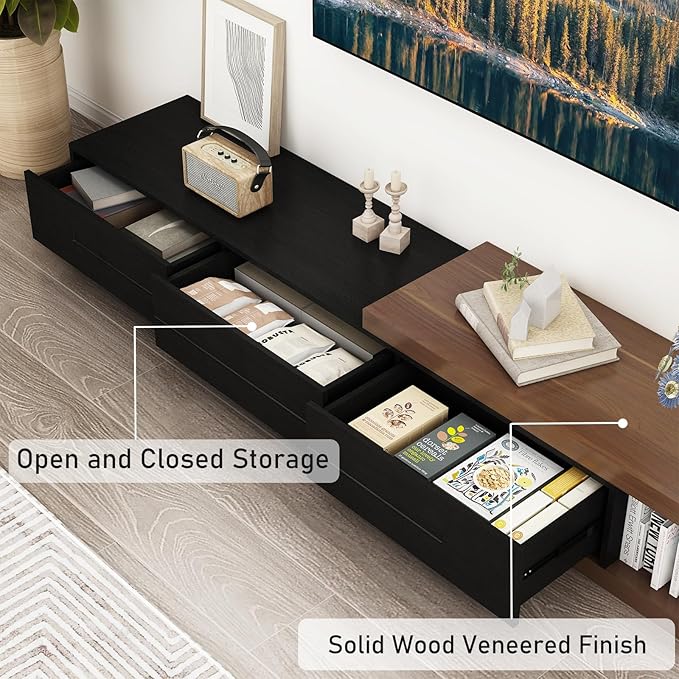 Hlivelood Extendable TV Stand, Modern Entertainment Center for Up to 120 Inch TV, Wood Reversible TV Media Console with 3 Drawers for Living Room Bedroom, 82-110"(Black& Walnut)