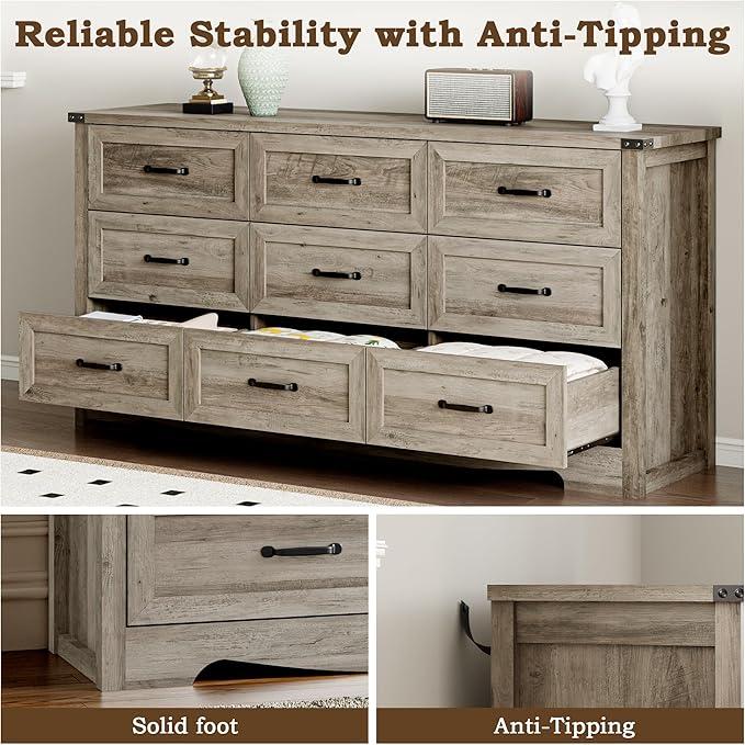 BORNOON 9-Drawer Dresser for Bedroom, Modern Wooden Chest of Drawers with Metal Handles, Anti-Tipping Design, Sturdy and Stable Storage Organizer for Living Room, Entryway, Home Office