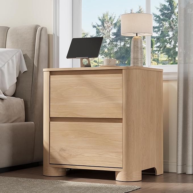 Nightstands Set of 2 with Charging Station, 23.6" Modern Night Stand with Unique Thickened Foot and 2 Storage Drawers, Bedside Table with Rounded Corner Design for Bedroom, Natural