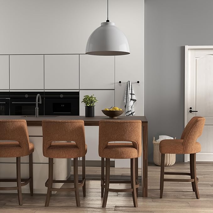 VKNOW Bar Stools Set of 2, 26" Upholstered Counter Height Bar Stools,Modern Counter Stools with Wood Legs for Kitchen Island Dining Room,Orange
