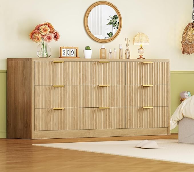TEENFON 63" Dresser for Bedroom with 9 Drawers, Modern Dressers & Chest of Drawers with Metal Handles, Fluted Dresser, Wood Closet Clothes Storage Organizer for Living Room, Hallway, Natural