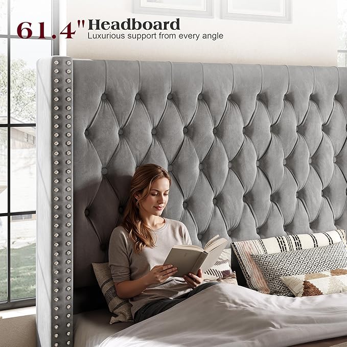PaPaJet King Size Bed Frame with 61.4" Tall Headboard, Velvet Upholstered Platform and Handmade Deep Button Tufting, No Box Spring Required, Grey