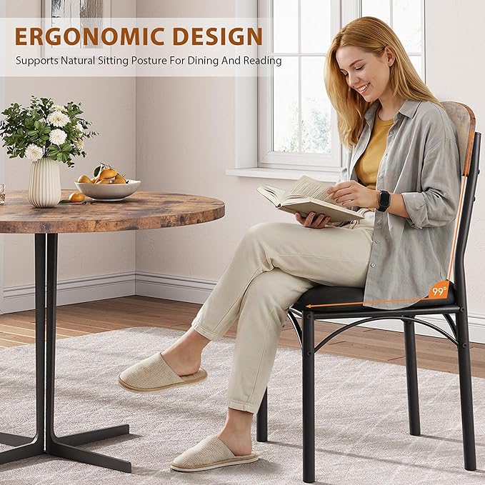 Jocoevol Dining Chairs Set of 4 - Upholstered Dining Room Chairs with PU Leather, Industrial Kitchen Chairs with Wooden Backrest and Thickened Metal Legs, for Dining Room, Living Room (Vintage)
