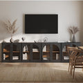 BELLEZE Bijou Set of 4 Wall-to-Wall Storage Cabinets (126" Wide) - Grand Sideboard Buffet System w/8 Arched Glass Doors - Massive Entertainment Center & Display Console for Living Room, Office, Ebony