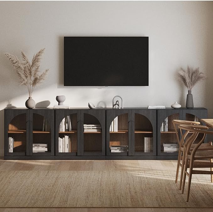 BELLEZE 4-Piece Modular TV Stand Set,Modern Entertainment Center with Arched Glass Door,Sideboards with Adjustable Shelves & Wide Wooden Handle,Classic Media Console Cabinet for Living Room(Ebony)