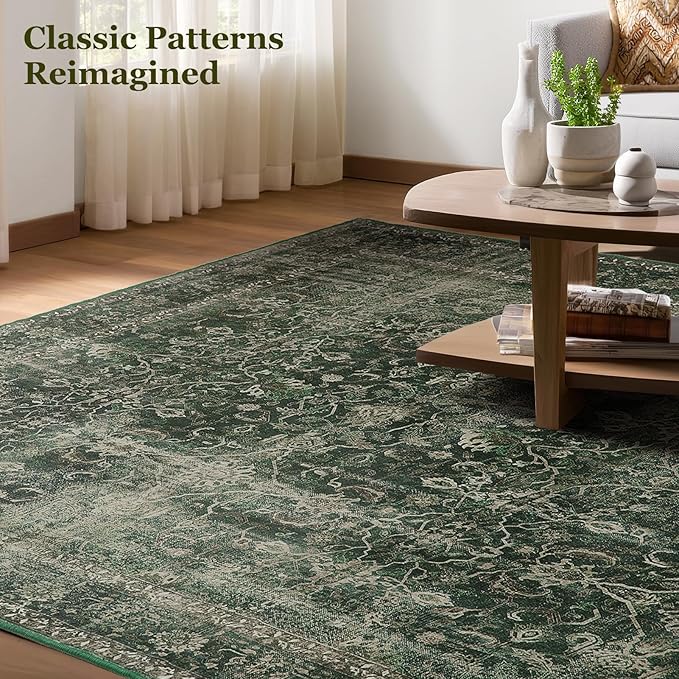 Dark Green 5x8 Living Room Rug, Vintage Washable Low Pile Area Rugs for Bedroom, Dining Room Rug Under Table Non Slip, Distressed Earth Tone Carpet Rugs for Den/Home Office