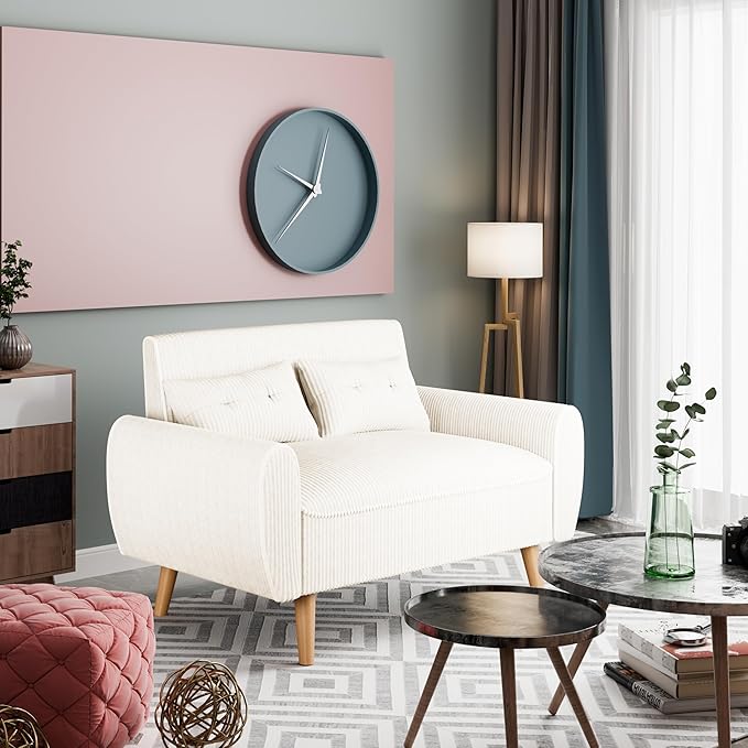 Vongrasig 48" Small Modern Loveseat Sofa, Mid Century Soft Corduroy Fabric 3-Seat Sofa Couch Tufted with Back Cushions and Tapered Legs for Living Room, Bedroom and Small Space, White
