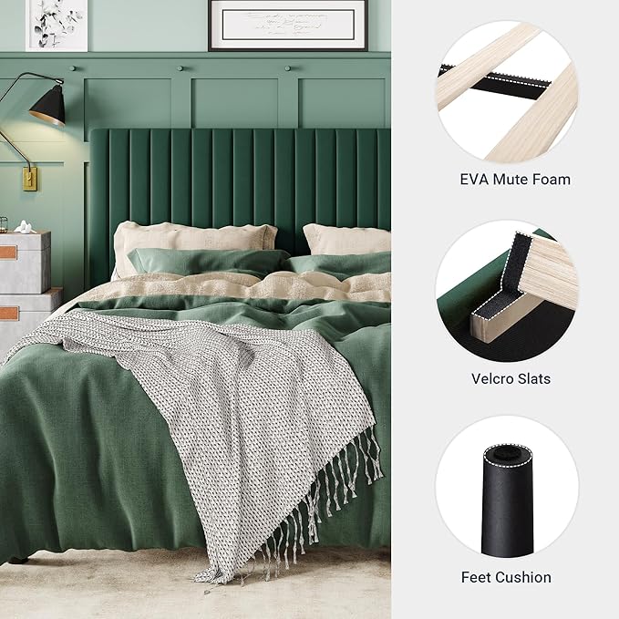 Allewie Queen Bed Frame, Velvet Upholstered Platform Bed with Adjustable Vertical Channel Tufted Headboard, Mattress Foundation with Strong Wooden Slats, Box Spring Optional, Easy Assembly, Green
