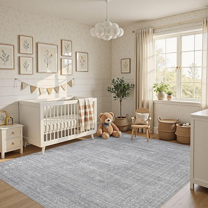 6x9 Area Rugs Living Room: Washable Large Vintage Grey Rug Neutral Non-Slip Soft Stain Resistant Indoor Carpet for Bedroom Nursery Dining Room Under Table Bed Home House Office Playroom