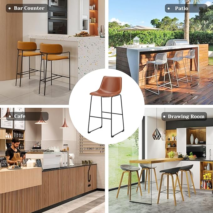DUMOS 26 Inch Counter Height Bar Stools Set of 2, Modern Faux Leather High Barstools with Back and Metal Leg, Bar Chairs for Kitchen Island, Elegant Brown