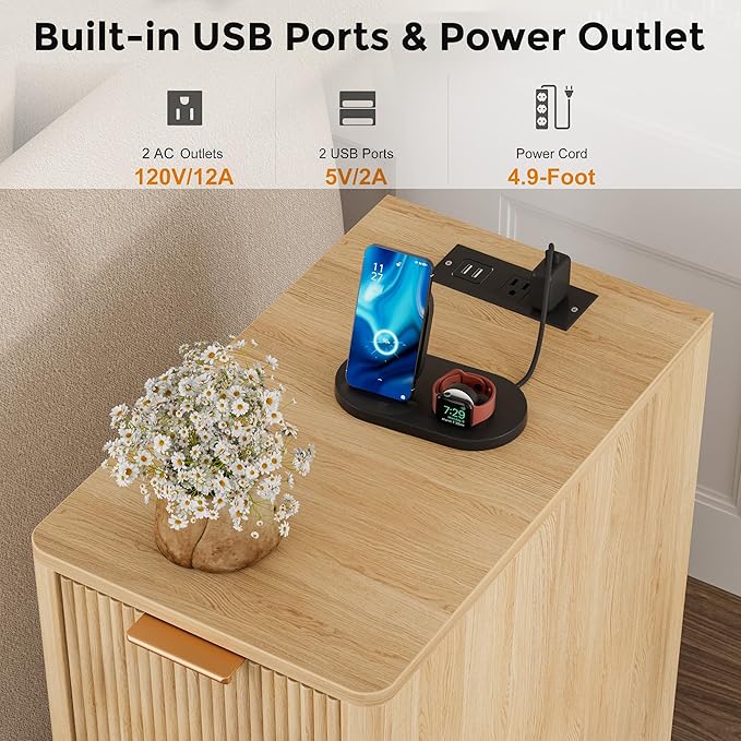 Homleke Narrow End Table with Fluted Drawer and Charging Station, Small Nightstand with USB Ports & Outlets, Bedside Table for Bedroom or Living Room, Modern Accent Table, Natural