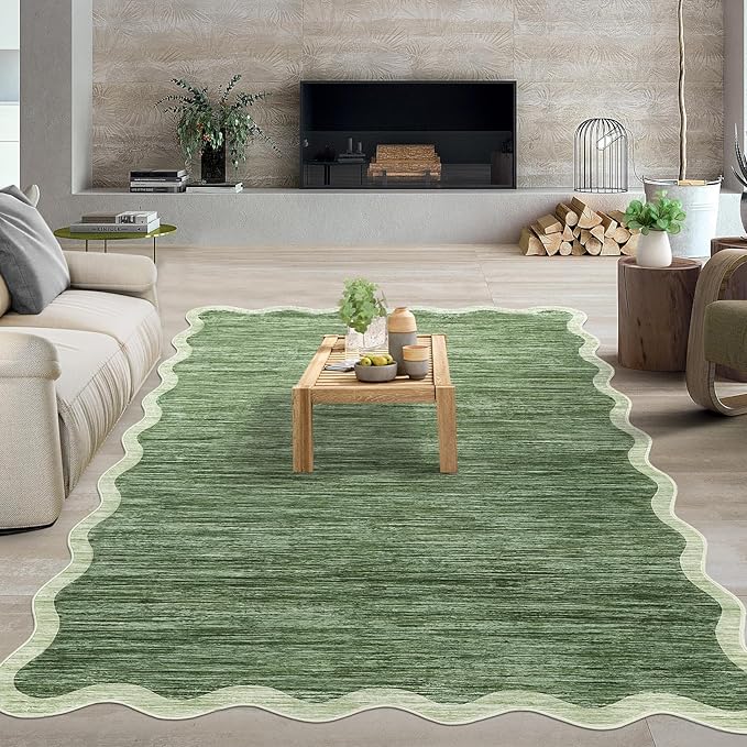 GarveeHome Scalloped Washable Area Rug 6x9 Rug for Living Room Modern Rug Non Slip Throw Rugs Large Rugs for Bedroom Low Pile Non Shedding Stain Resistant Carpet for Dining Room 6'x9' Green