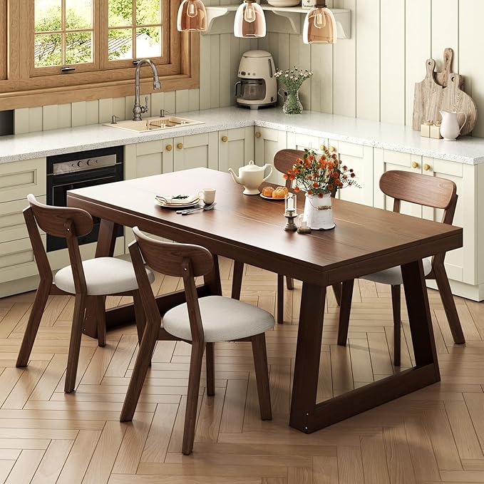 Dining Chairs Set of 4 Mid-Century Modern Oak Upholstered Scandinavian Solid Wood Kitchen & Dining Room Chairs with Curved Backrest Sillas de Comedor for Dining Table(Walnut/Beige)