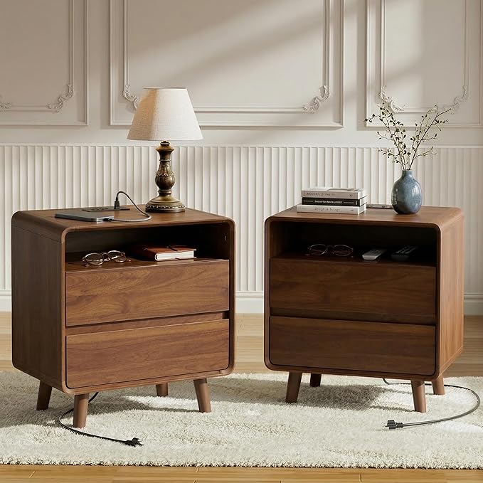 Nasonet Mid Century Modern Nightstand with Charging Station, Wood Bedroom End Tables Set of 2 Nightstands with Drawers, Curved Bedside Table for Living Room, Bedroom, Walnut