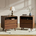 Nasonet Mid Century Modern Nightstand with Charging Station, Wood Bedroom End Tables Set of 2 Nightstands with Drawers, Curved Bedside Table for Living Room, Bedroom, Walnut