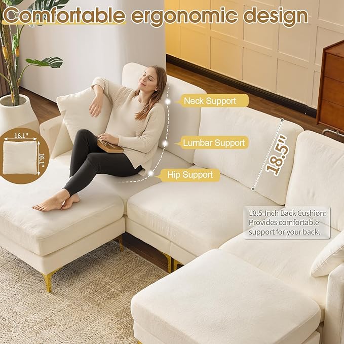 VINGLI 100" W U Shaped Couch with Ottoman, 22" Deep Seat Comfortable Sectional Couches for Living Room, 3 Seater Chenille Fabric Cloud Sofa for Apartment, Small Spaces, Bedroom, Beige