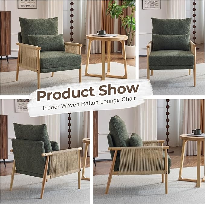 Karl home Cozy Chenille Accent Chair with Lumbar Pillow & Rattan Arms Modern Lounge Chair for Living Room, Bedroom, Reading Nook, Green