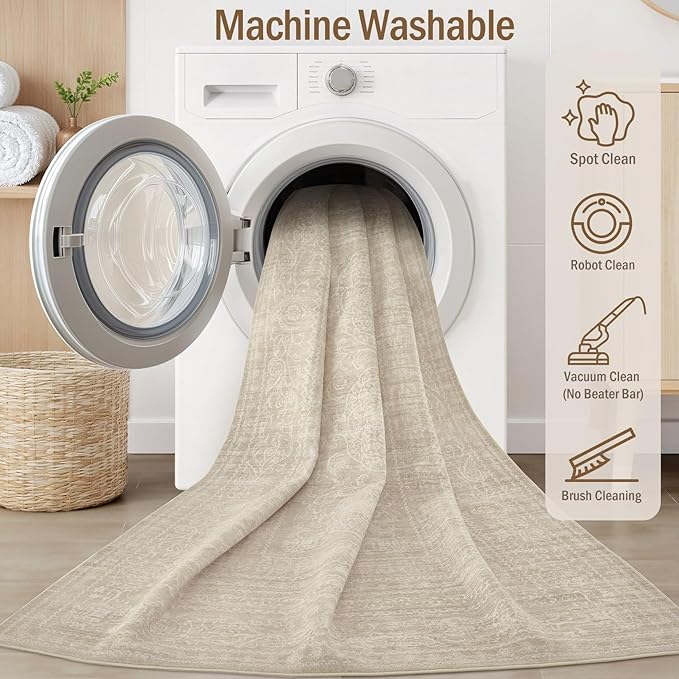 6ft Round Rug Living Room: Washable Large Vintage Rug Neutral Non-Slip Soft Stain Resistant Indoor Carpet for Bedroom Nursery Dining Room Under Table Bed Home House Office Playroom - Brown