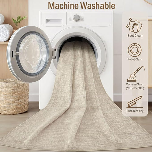 8ft Round Rug Living Room: Washable Large Vintage Rug Neutral Non-Slip Soft Stain Resistant Indoor Carpet for Bedroom Nursery Dining Room Under Table Bed Home House Office Playroom - Brown