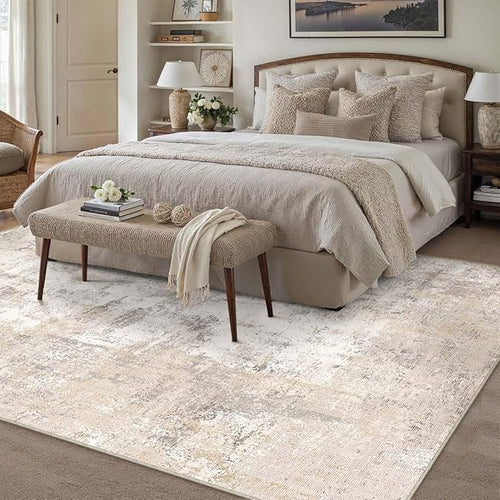 7x10 Washable Area Rug Beige Grey Abstract Non Slip Soft Low Pile Rug for Living Room Bedroom Dining Room Office Neutral Modern Indoor Throw Carpet for Home Decor