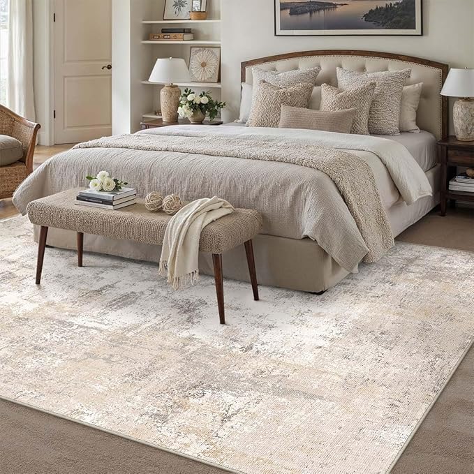 7x9 Washable Area Rug Beige Grey Abstract Non Slip Soft Low Pile Rug for Living Room Bedroom Dining Room Office Neutral Modern Indoor Throw Carpet for Home Decor