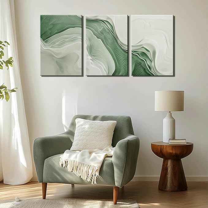3Pcs Minimalist Green Abstract Canvas Wall Art Modern Neutral Wall Decor Pictures Green White Textured Posters Prints for Living Room Bedroom Home Decoration 12x16in