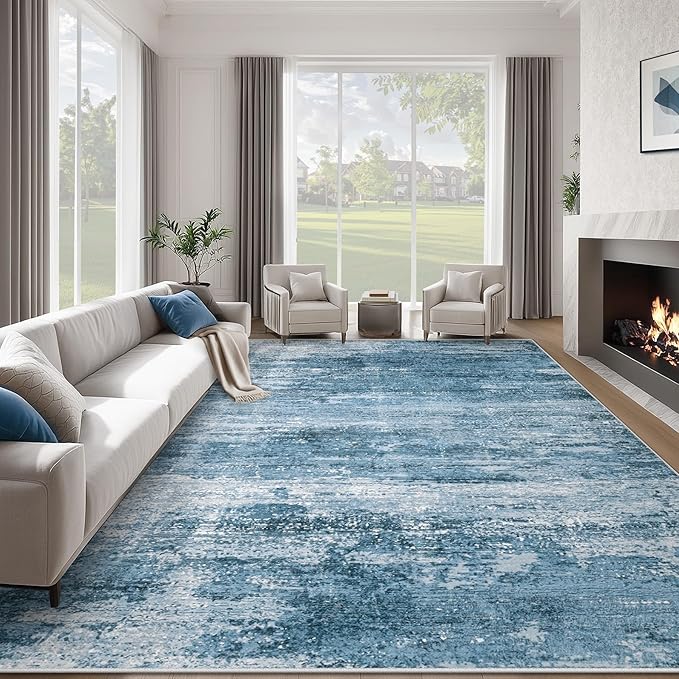 Washable Rug 8x10 Area Rugs for Living Room: Large Neutral Soft Rug Abstract Non Slip Low Pile Modern Carpet for Bedroom Kitchen Nursery Office Dining Room Indoor (Darkblue, 8'x10')