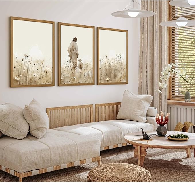 Jesus Leaves the 99 Sheep Wall Art Christian Canvas Poster Jesus and Lamb Wall Decor Religious Pictures Lost Sheep Painting God Christ Painting Artwork for Bedroom Living Room 12x16x3 Inch Wood Framed