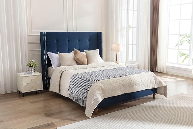 Upholstered Bed Frame, 54" Tall Headboard Wingback Upholstered Platform Bed Frame for Kids Teens Adults Bedroom Strong Wood Slats Support/No Box Spring Needed (Blue, Queen)