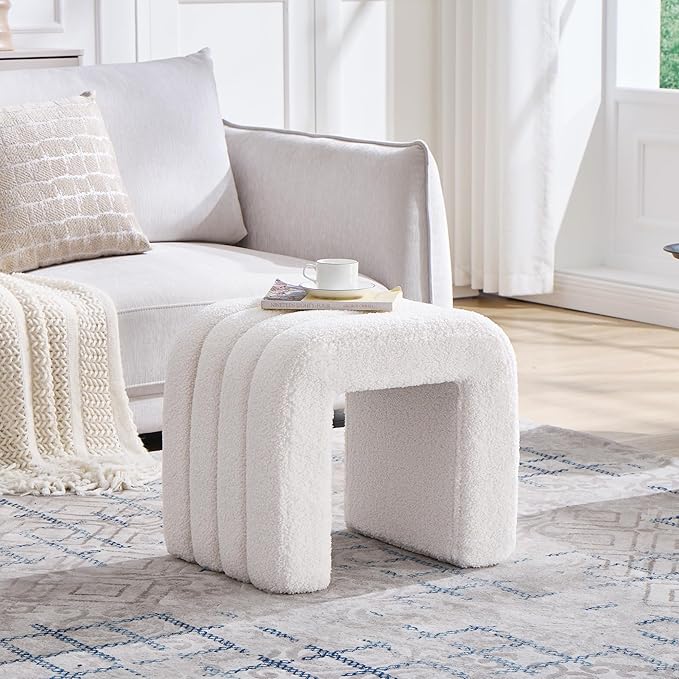 White Teddy Fleece Tufted Ottoman Stool Set of 2, Small Arch Footrest for Couch, Modern Vanity Stool for Makeup Room, Living Room, Entryway, 15.4 x 19.3 x 17.9 Inches, 260lb Capacity