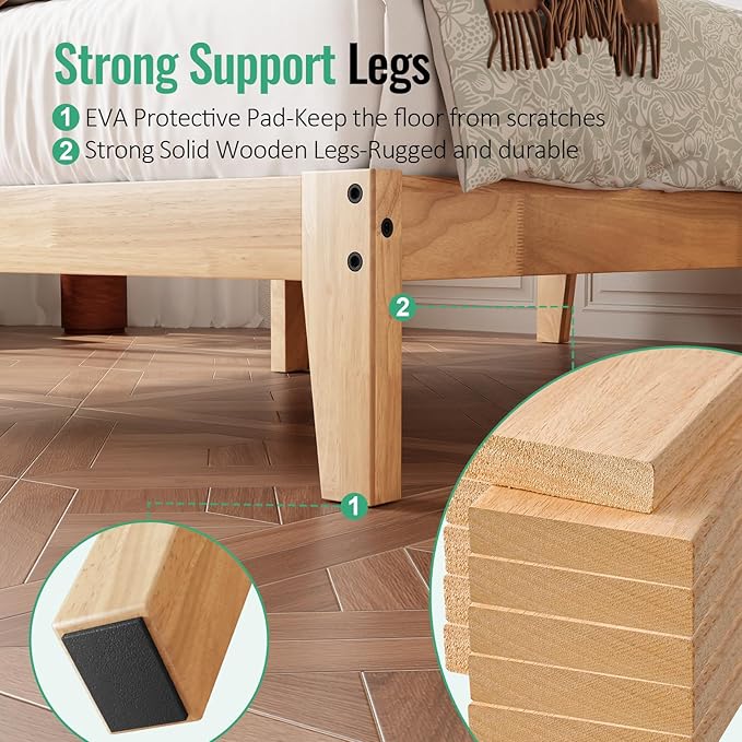 Twin XL Size Solid Wood Platform Bed - Noise-Free Design with Metal and Wood Slat Support, No Box Spring Needed, Easy Assembly, Natural Wood Finish