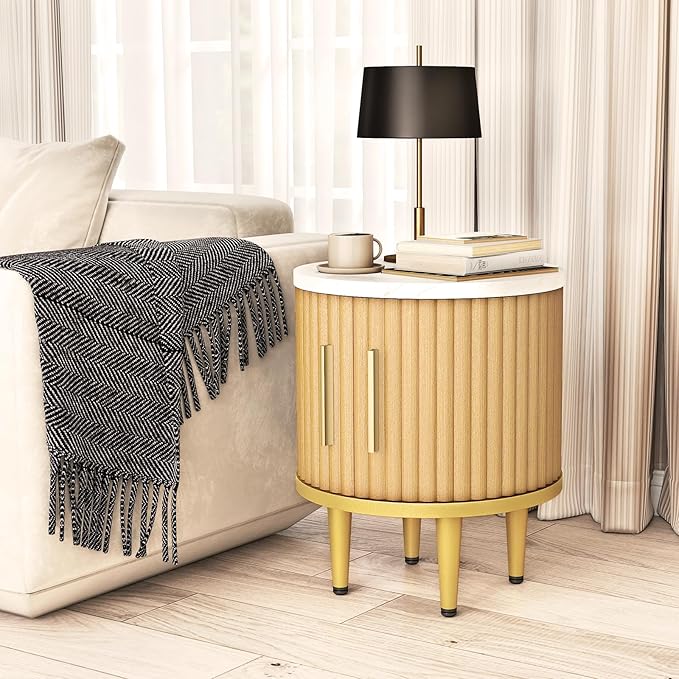Fluted Nightstand Set of 2, Small Modern Side Table with Faux Marble Top and Metal Handle, Boho Bedside End Table with Sliding Door and Curved Corners for Bedroom,Living Room, Natural Oak