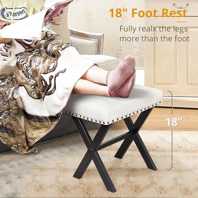LUE BONA White Vanity Stool - Square Faux Leather Makeup Seat With Metal X Legs, Small Ottoman Chair for Makeup Room, Living Room, Bathroom - Padded Foot Rest