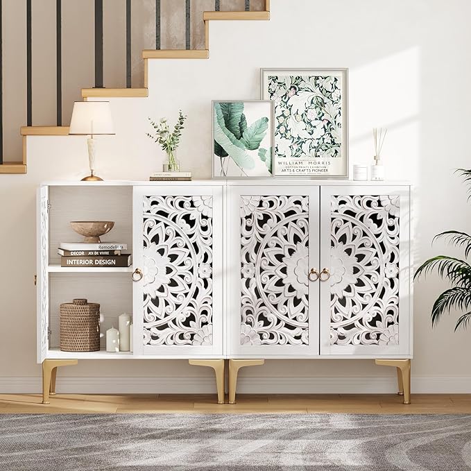 JOINICE 31.5" Accent Storage Cabinet with Carved Doors, White Boho Sideboard for Storage, Coffee Bar Cabinet & Entryway Table with Gold Legs, Decorative Buffet Cabinet for Dining Room, Living Room