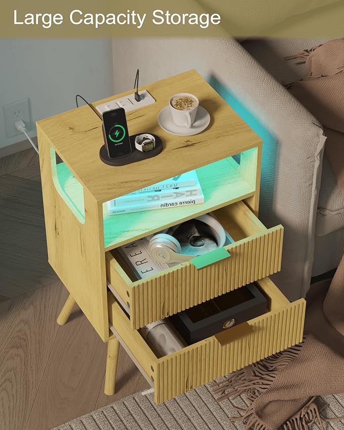 JOONEE Nightstand with Charging Station and LED Lights,Modern Bedside Table with 2 Storage Drawer and Open Wood Shelf, for Bedroom and Small Spaces,Night Stand with Solid Wood Legs (Yellow Oak)