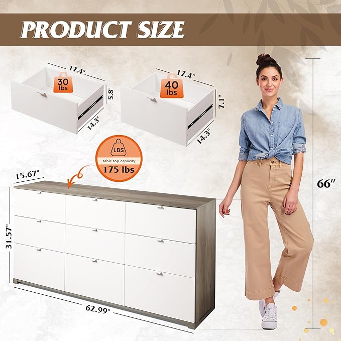 WLIVE 9 Drawer Dresser for Bedroom, 63" Wide Large Wood Chest of Drawers Organize with Sturdy Metal Handle, Modern Dresser for TV Stand, Living Room Office, Hallway, Ball Bearing Slide, Grey Oak