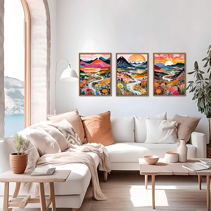 Floating Framed Large Boho Colorful Wall Art, Abstract Watercolor Mountain Landscape Wall Decor Painting Set of 3, Modern Flower Aesthetic Posters Prints for Living Room Bathroom Bedroom 16x24 Inch
