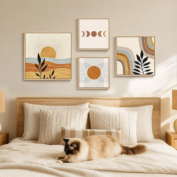 Framed Large Boho Wall Art for Living Room, Set of 4 Piece Mid Century Modern Abstract Orange Canvas Artworks Decor, Minimalist Sun and Moon Botanical Leaf Painting Prints for Bedroom Hallway