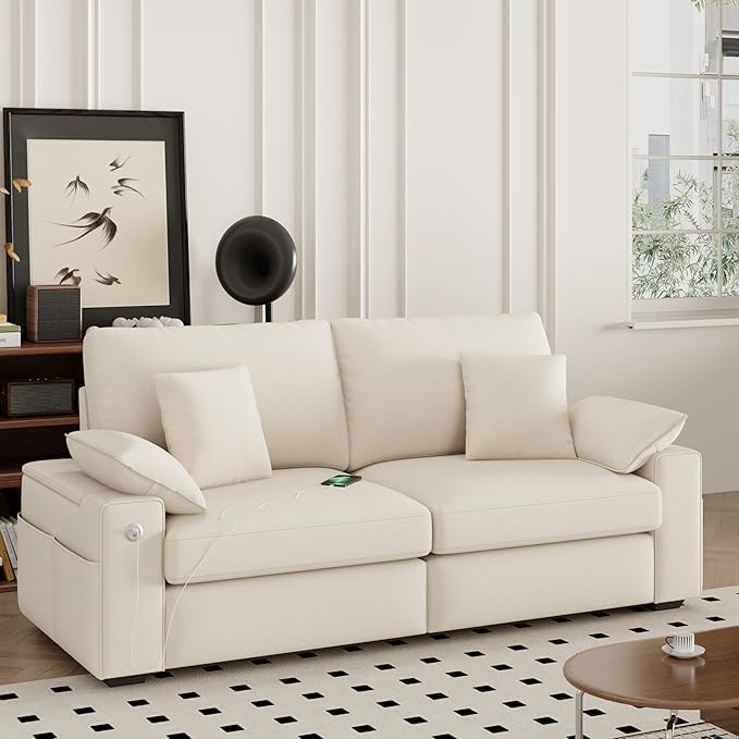 76.38'' Modern Loveseat Sofa, 2 Seats, Beige | USB/Type-C Port, Side Storage, Removable Cover, Easy Assembly, Small Spaces