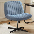 DUMOS Criss Cross Legged Chair Wide Comfy Home Office Desk Chairs, No Wheels Armless Computer Task Swivel Vanity Chair Height Adjustable for Makeup Bedroom, Fabric-Dark Blue