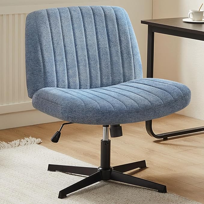 DUMOS Criss Cross Legged Chair Wide Comfy Home Office Desk Chairs, No Wheels Armless Computer Task Swivel Vanity Chair Height Adjustable for Makeup Bedroom, Fabric-Dark Blue