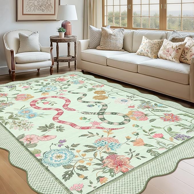 Garvee Washable 9x12 Area Rugs for Living Room Non Slip Botanical Snake Rugs for Bedroom, Boho Scalloped Stain-Resistant Dining Room Rug for Under Table Carpet for Home Office Playroom Farmhouse,Green