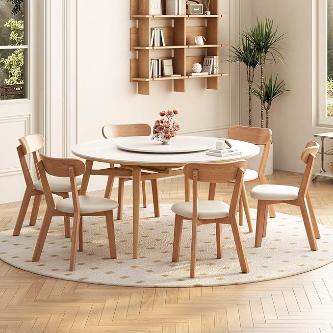 Dining Chairs Set of 4 Mid-Century Modern Oak Upholstered Leather Scandinavian Solid Wood Kitchen & Dining Room Chairs with Curved Backrest Sillas de Comedor for Dining Table(Original/Beige)
